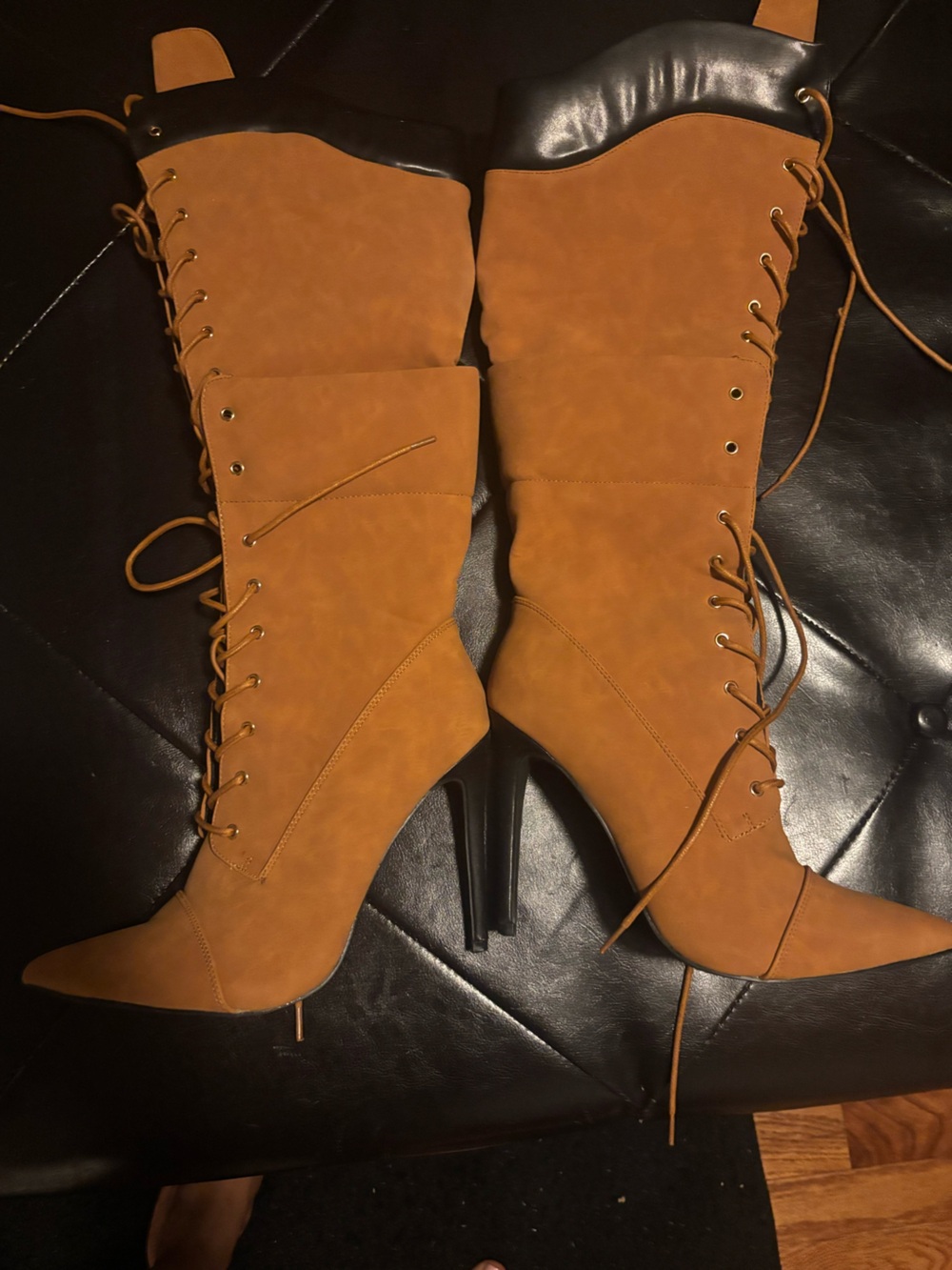 Fashion Nova Tan Lace-Up Pointed-Toe Stiletto Boots